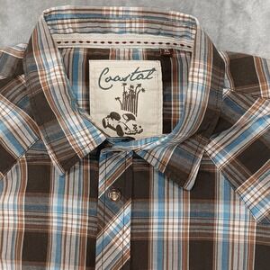 Coastal Mens XL Western Pearl Snap Plaid Brown Blue Short Sleeve Collared Shirt